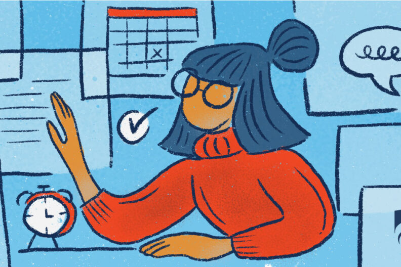 This illustration of a woman at her desk shows how the Agile Project Management method can help you keep projects organized and on-time.