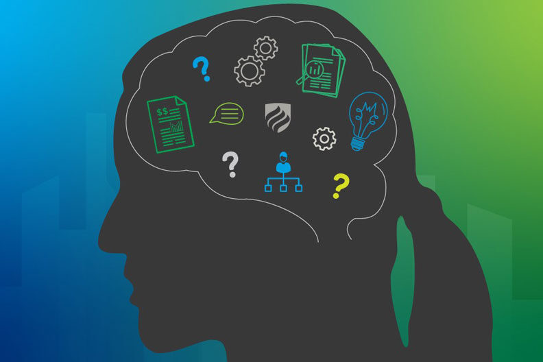 An illustration of a brain showing the mindset needed to become an intrapreneur.