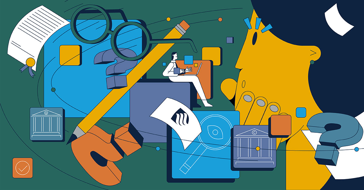 This colorful illustration considers the definition of college vs, university. It features a white pencil, a pair of glasses and a student pondering the question.