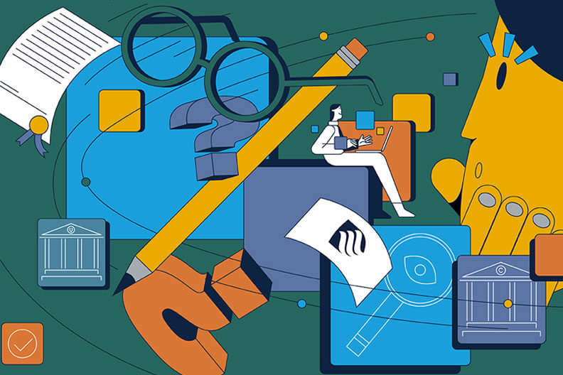 This colorful illustration considers the definition of college vs, university. It features a white pencil, a pair of glasses and a student pondering the question.