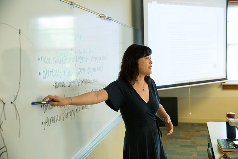 A professor in academic centers points to writing on a whiteboard while teaching a class at Elmhurst College.