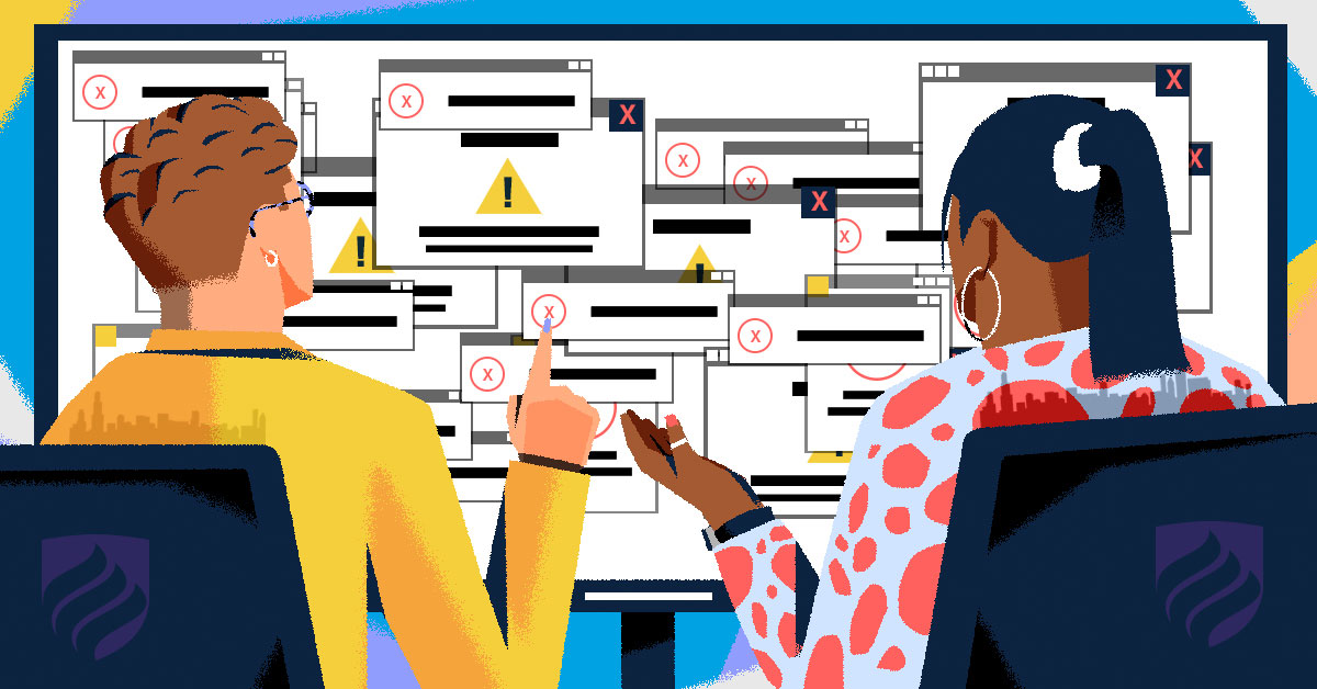 An illustration depicts two students exploring cybersecurity Chicago jobs.