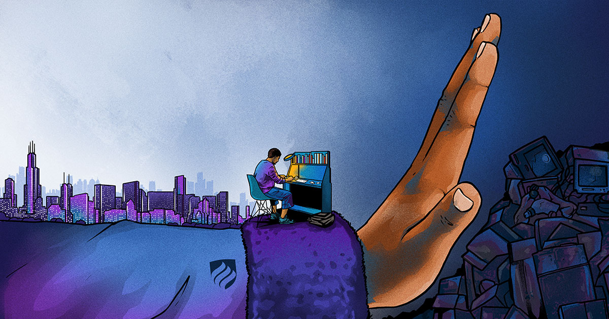Illustration of a hand pushing away garbage to show a student participating in environmental advocacy.