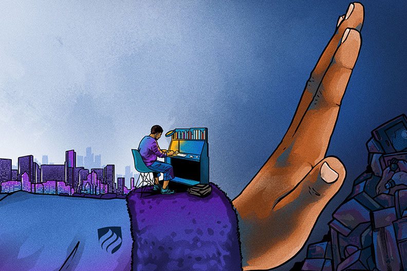 Illustration of a hand pushing away garbage to show a student participating in environmental advocacy.
