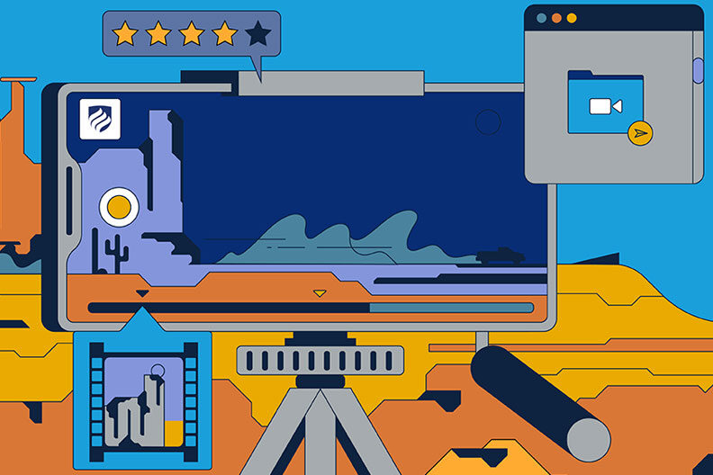 Illustration of a video camera monitor viewing a speeding car scene. Film studies programs can help you learn the moviemaking process.