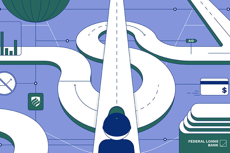 In this illustration, a college student in a baseball cap looks down a dollar sign-shaped road and wonders, "How do student loans work?"