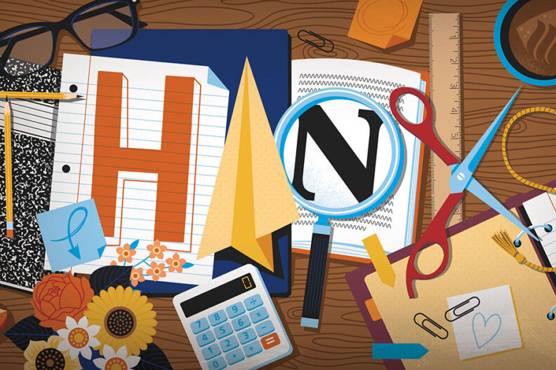 An illustration of school items lined up to spell out the word "Thanks" for the theme of how to thank a teacher.