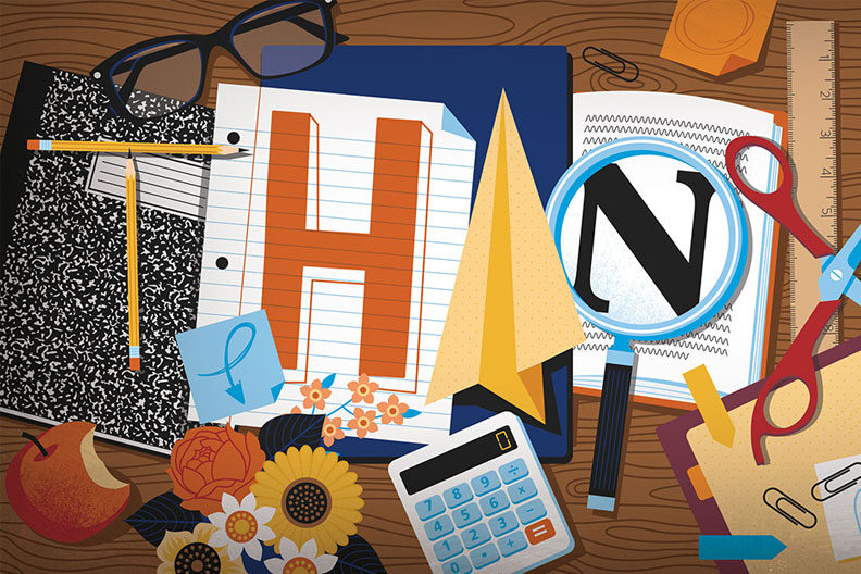 An illustration of school items lined up to spell out the word "Thanks" for the theme of how to thank a teacher.
