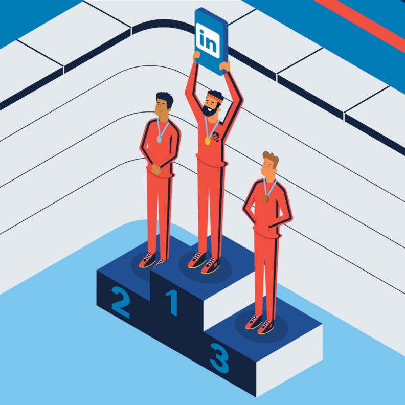 An illustration of students rewarded with medals for using LinkedIn profile tips to succeed in the job race.