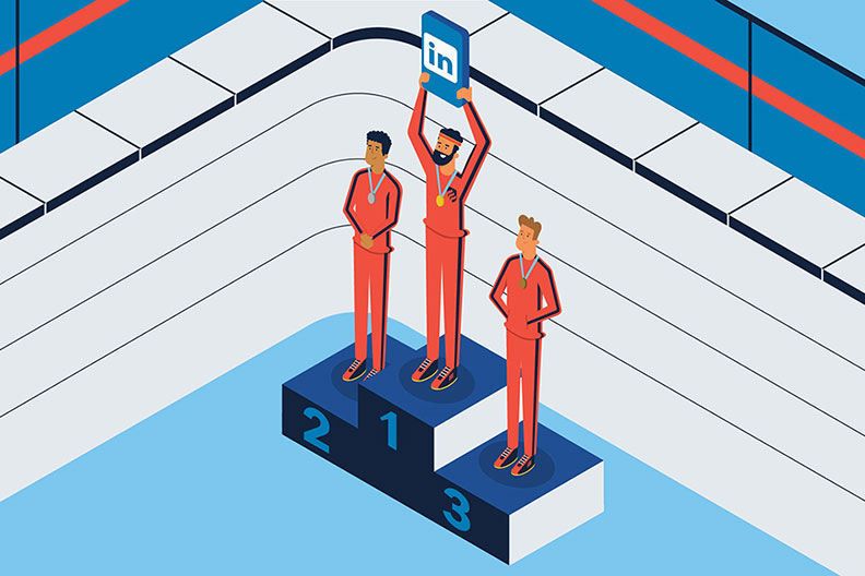 An illustration of students rewarded with medals for using LinkedIn profile tips to succeed in the job race.