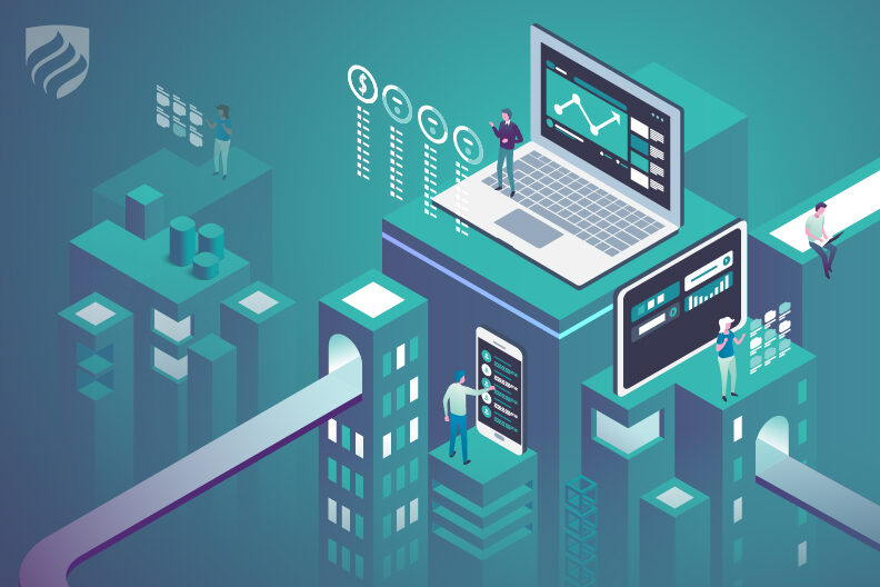 And illustration shows people working on oversize laptops and phones to show how you can make a good master’s in information technology salary.