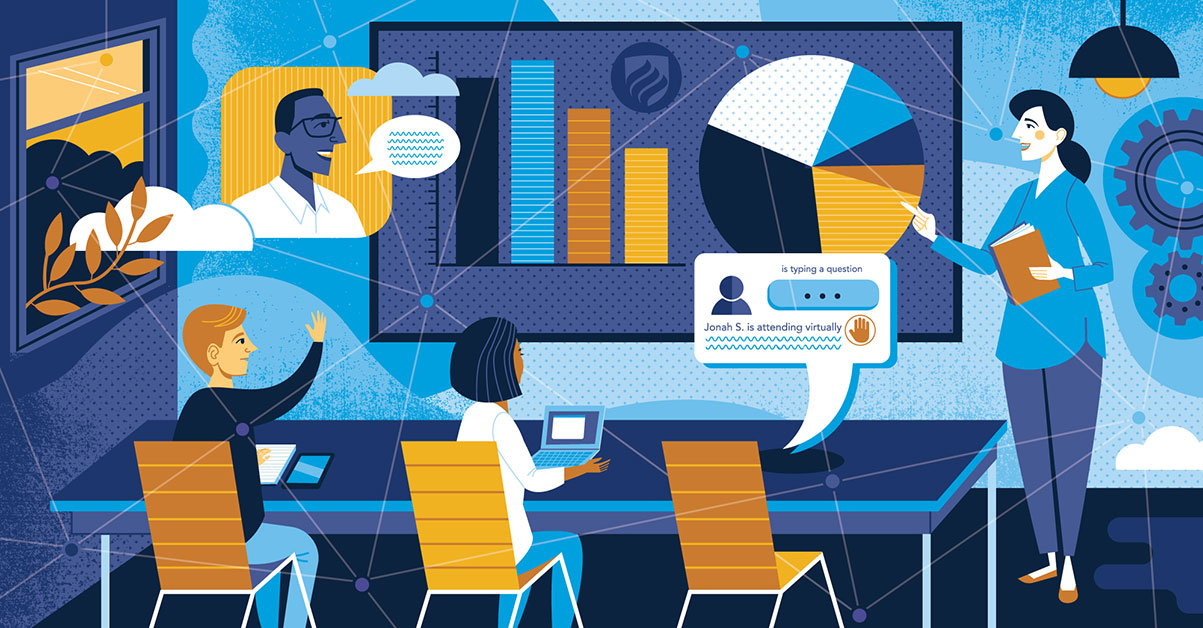 An illustration featuring in-person students and the chat box of a student attending school virtually shows just how important new teaching strategies will be for a permanent return to physical classrooms.