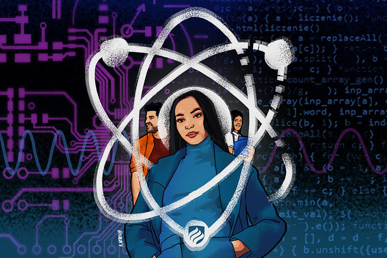 An illustration of an atom with three students inside it represents the bond between studying physics and electrical engineering.