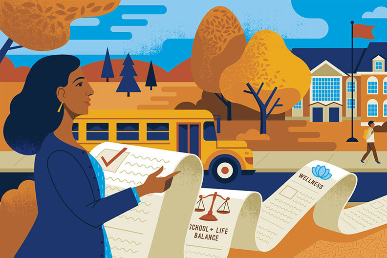 Illustration of a teacher holding a long scroll that lists teacher mental health items such as work-life balance and wellness.