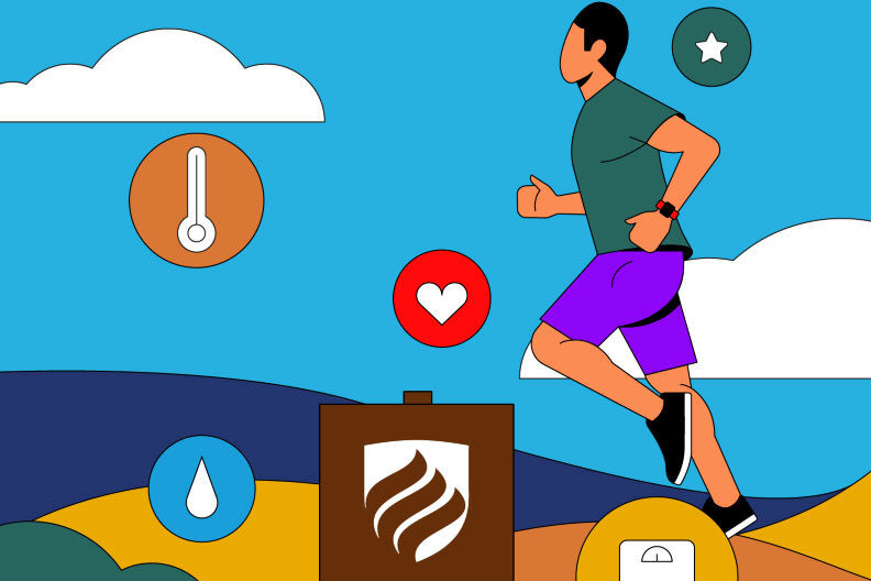 Illustration of a jogging man surrounded by different icons that factor into the answer to the question: What is population health?